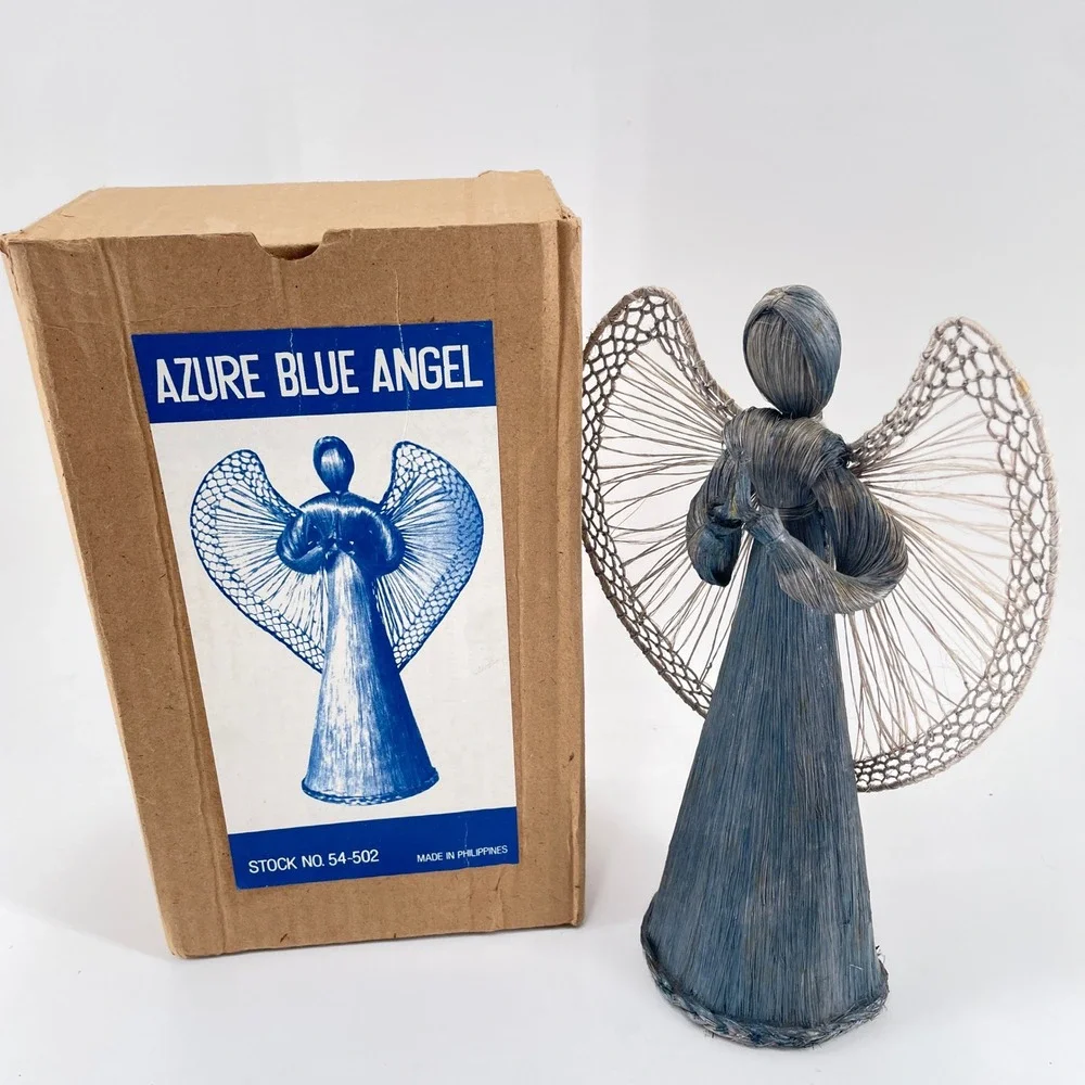 Vintage Angel Christmas Decor Set Lace Sisal Straw Figures Wooden Ornaments 6pc